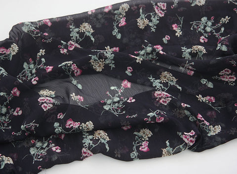 Dark Navy Flowers Chiffon Fabric By the Yard /19601
