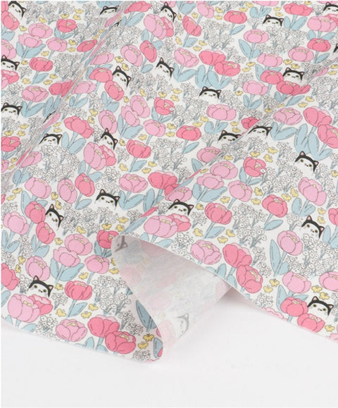 Cats and Flowers Cotton Fabric, Digital Printing - Fabric By the Yard /54351