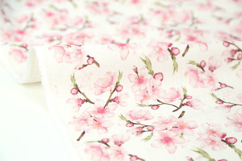 Cherry Blossom Linen Blend Fabric, Flower Cotton Linen Fabric, Digital Printing Fabric - 59" Wide - Fabric By the Yard 95234