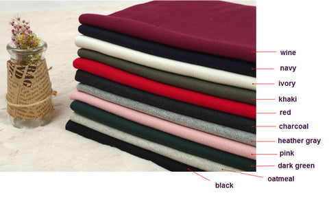 2x1 Ribbing Knit Fabric, Half Yard - Navy, Ivory, Khaki, Red, Charcoal, Heather Gray, Pink, Dark Green, Oatmeal or Black - 94906