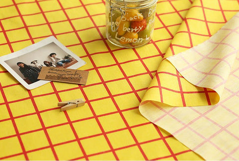 Yellow Red Checkered Cotton Blend Fabric, Red Plaid on Yellow - By the Yard 845 - 137