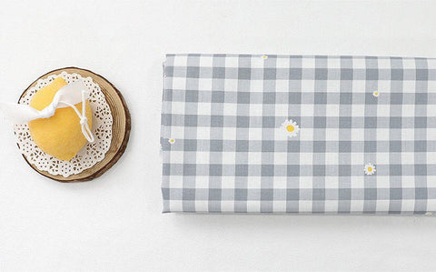 Check and Flowers Cotton Fabric, Gingham Check, Plaid and Flowers, Korean Fabric - Pink or Gray - Fabric By the Yard 39568-1
