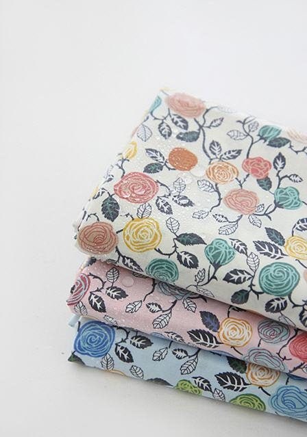 Eco-friendly Laminated Waterproof Fabric, Roses, Flowers, 55 Inches Wide, Ivory Pink or Blue, Non-glossy TPU Coating - By the Yard 96829-1