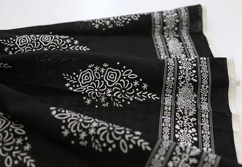 Lightweight Cotton Linen Fabric, Korean Fabric, Ethnic Print, Blue, Navy or Black - By the Yard 42597-1