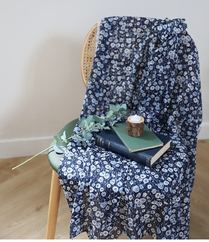 Semisheer Lightweigt Floral Cotton Fabric, Blue Flower Cotton Fabric