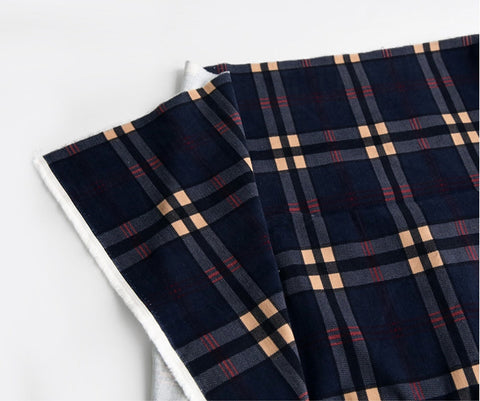 Fine Wale Checkered Cotton Blend Corduroy Fabric, Quality Korean Fabric - Red or Navy - By the Yard /53086