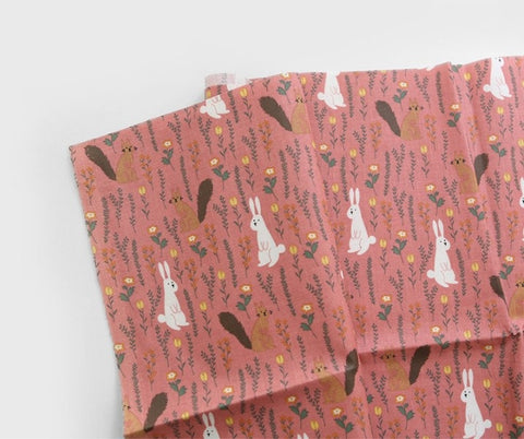 Bunnies and Squirrels Laminated Cotton Fabric - In Pink or Grey / 53238