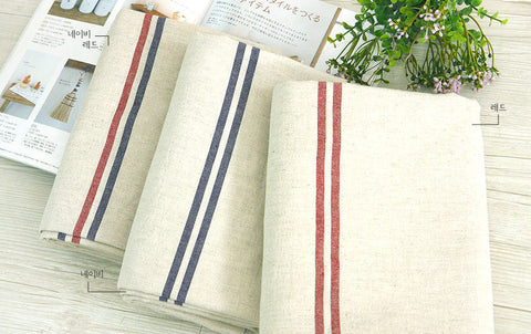 Double Stripe Pure Linen Pre-washed - Red, Navy or Navy Red - By the Yard 53185