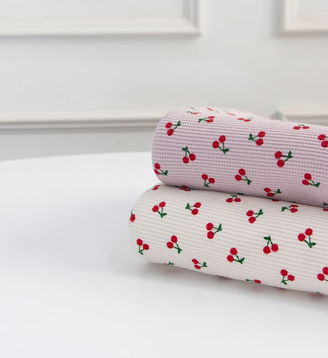 Cherry Waffle Fabric Cotton Blend, Honeycomb Fabric, Cherries Waffle Stretch Fabric - White Ivory, Light Purple - By the Yard /54113