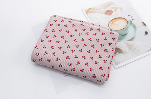 Cherry Waffle Fabric Cotton Blend, Honeycomb Fabric, Cherries Waffle Stretch Fabric - White Ivory, Light Purple - By the Yard /54113