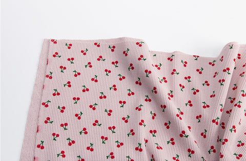 Cherry Waffle Fabric Cotton Blend, Honeycomb Fabric, Cherries Waffle Stretch Fabric - White Ivory, Light Purple - By the Yard /54113