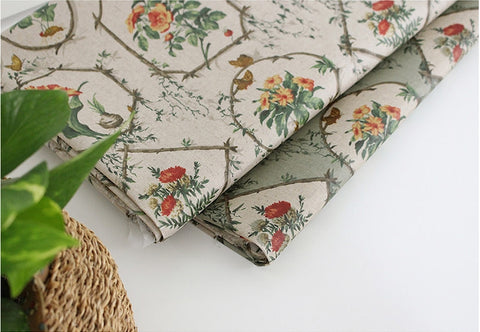 Vintage Flowers Laminated Cotton Linen Fabric, Matte Finish - By the Yard /11001