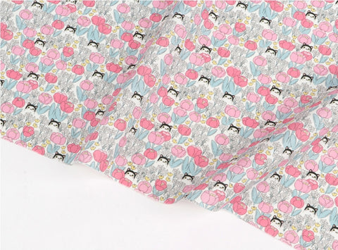 Cats and Flowers Cotton Fabric, Digital Printing - Fabric By the Yard /54351