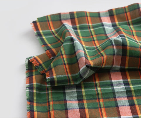 Tartan Checkered Cotton Fabric, Green Orange, Yarn Dyed Fabric, Wide Width, Quality Korean Fabric - By the Yard /56921