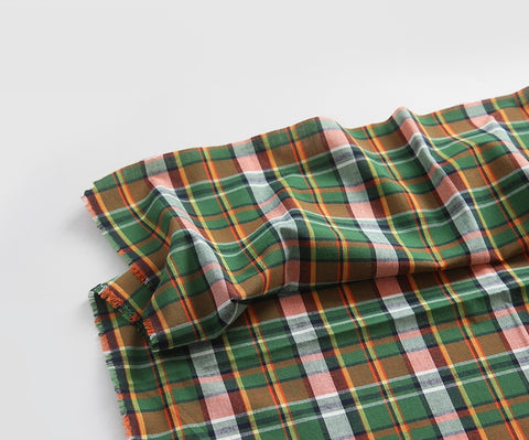 Tartan Checkered Cotton Fabric, Green Orange, Yarn Dyed Fabric, Wide Width, Quality Korean Fabric - By the Yard /56921