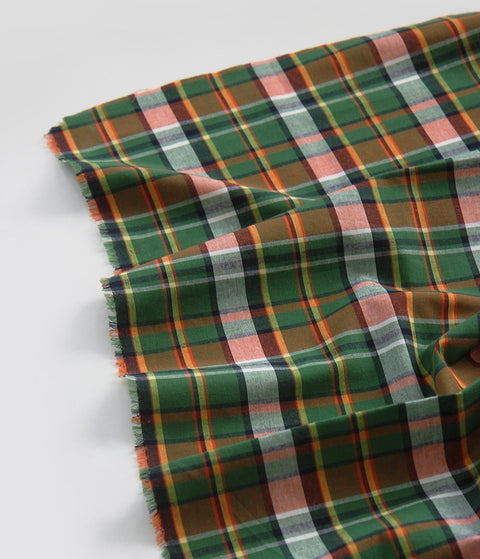 Tartan Checkered Cotton Fabric, Green Orange, Yarn Dyed Fabric, Wide Width, Quality Korean Fabric - By the Yard /56921