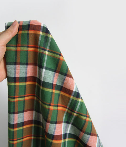 Tartan Checkered Cotton Fabric, Green Orange, Yarn Dyed Fabric, Wide Width, Quality Korean Fabric - By the Yard /56921