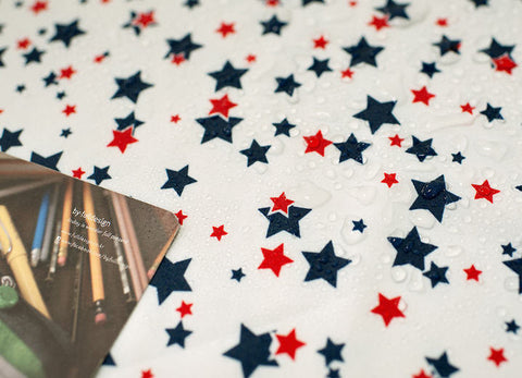 Waterproof Fabric - Red and Blue Stars on White - By the Yard 89617
