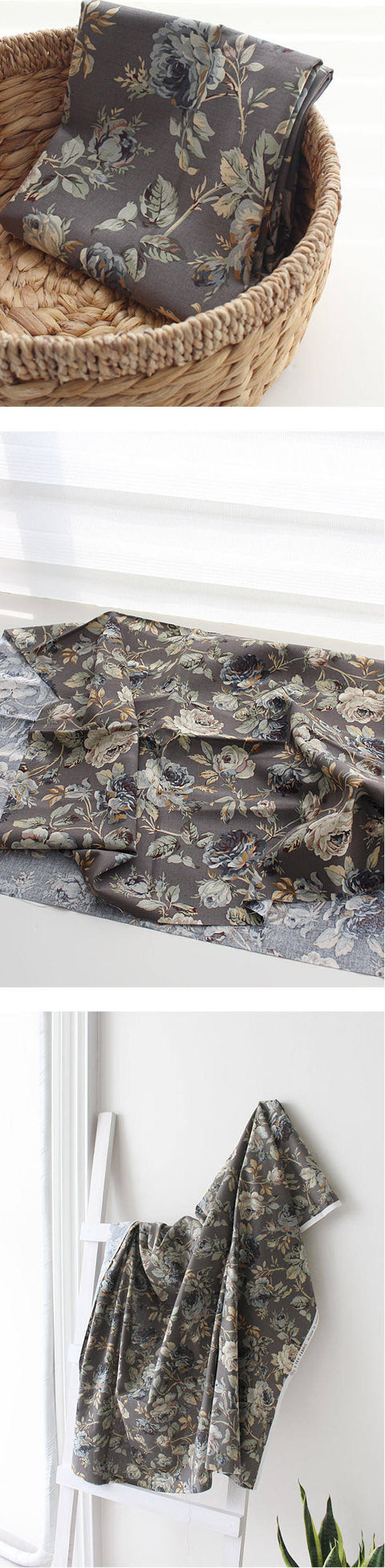 Roses Garden Cotton Fabric - Dark Gray, Indi Pink, Mint, Brown or Khaki Gray - By the Yard 102020 / 96951-1