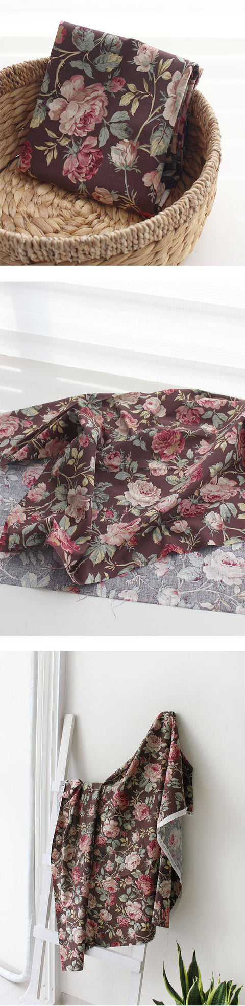 Roses Garden Cotton Fabric - Dark Gray, Indi Pink, Mint, Brown or Khaki Gray - By the Yard 102020 / 96951-1