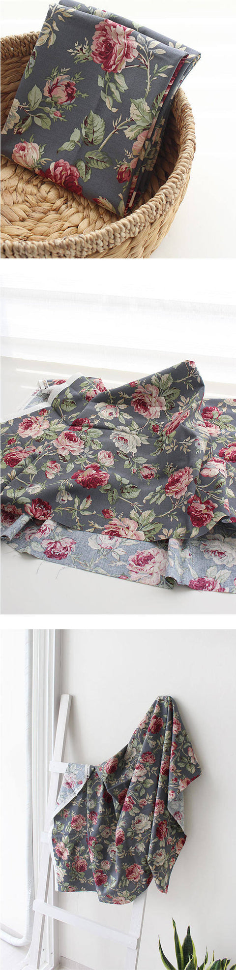 Roses Garden Cotton Fabric - Dark Gray, Indi Pink, Mint, Brown or Khaki Gray - By the Yard 102020 / 96951-1