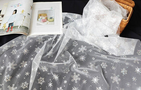 Snowflakes Mesh Fabric, Make Frozen Queen Elsa Dress - 57" Wide White, Indi Pink, Peach Pink, Mint, Purple Blue or Coral - By the Yard 25143