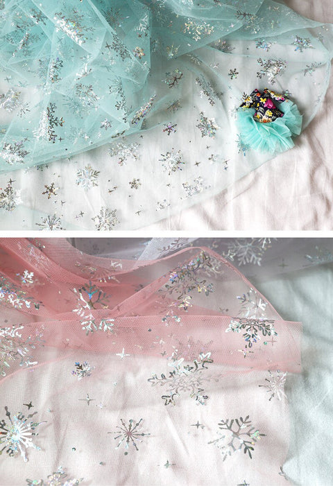 Snowflakes Mesh Fabric, Make Frozen Queen Elsa Dress - 57" Wide White, Indi Pink, Peach Pink, Mint, Purple Blue or Coral - By the Yard 25143