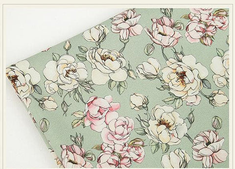 Flowers Cotton Fabric, Floral Fabric, Green Flower Fabric, Korean Fabric, Rose Fabric, Digital Printing - Fabric By the Yard 41832-1