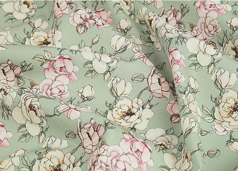 Flowers Cotton Fabric, Floral Fabric, Green Flower Fabric, Korean Fabric, Rose Fabric, Digital Printing - Fabric By the Yard 41832-1