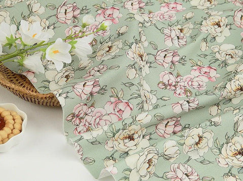 Flowers Cotton Fabric, Floral Fabric, Green Flower Fabric, Korean Fabric, Rose Fabric, Digital Printing - Fabric By the Yard 41832-1