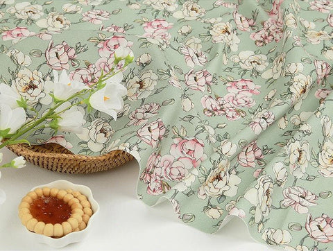 Flowers Cotton Fabric, Floral Fabric, Green Flower Fabric, Korean Fabric, Rose Fabric, Digital Printing - Fabric By the Yard 41832-1
