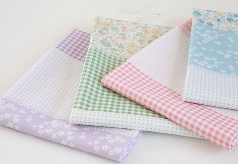 Flowers, Checkers and Polka dots Cotton Fabric, Patch Fabric - Pink, Green, Blue or Lavender - By the Yard 42180-1