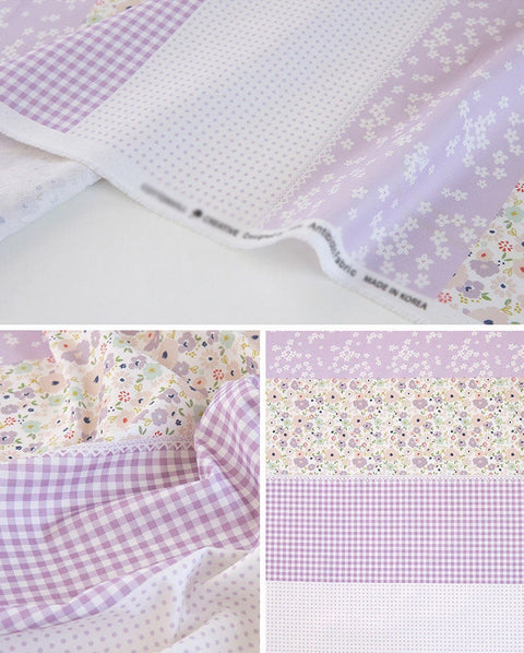 Flowers, Checkers and Polka dots Cotton Fabric, Patch Fabric - Pink, Green, Blue or Lavender - By the Yard 42180-1