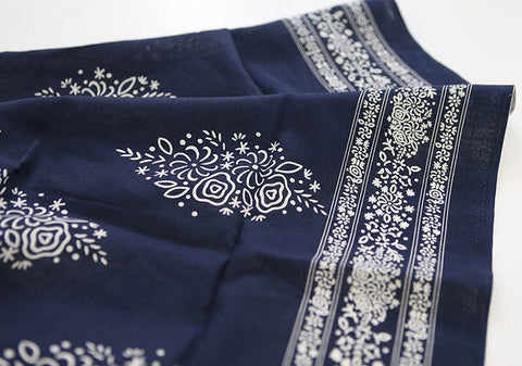 Lightweight Cotton Linen Fabric, Korean Fabric, Ethnic Print, Blue, Navy or Black - By the Yard 42597-1