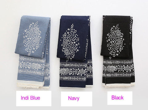 Lightweight Cotton Linen Fabric, Korean Fabric, Ethnic Print, Blue, Navy or Black - By the Yard 42597-1