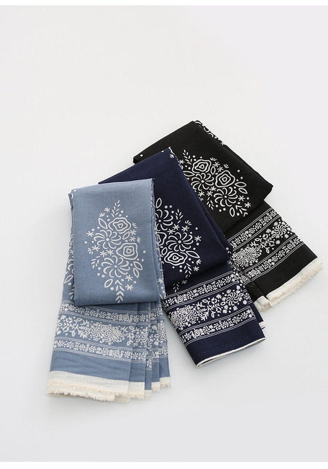 Lightweight Cotton Linen Fabric, Korean Fabric, Ethnic Print, Blue, Navy or Black - By the Yard 42597-1