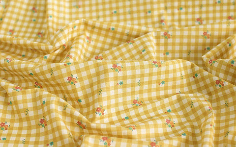 Check and Flowers Cotton Fabric, Wide Fabric 62 inches, Plaid and Flowers, Quality Korean Fabric - Pink, Yellow, Mint - By the Yard 43409-1