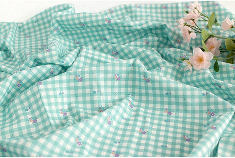 Check and Flowers Cotton Fabric, Wide Fabric 62 inches, Plaid and Flowers, Quality Korean Fabric - Pink, Yellow, Mint - By the Yard 43409-1