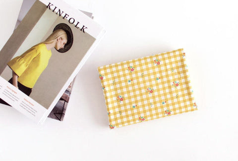 Check and Flowers Cotton Fabric, Wide Fabric 62 inches, Plaid and Flowers, Quality Korean Fabric - Pink, Yellow, Mint - By the Yard 43409-1