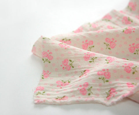 Flowers Wrinkled Cotton Double Gauze Fabric, Washing Gauze, Floral Gauze Fabric, Neon Pink Rose Fabric, Korean Fabric - By the Yard 42046-1