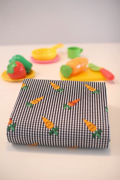Checker and Carrots Cotton Fabric, Plaid and Carrots, Quality Korean Fabric - Black, Yellow, Red, Green - By the Yard /50394