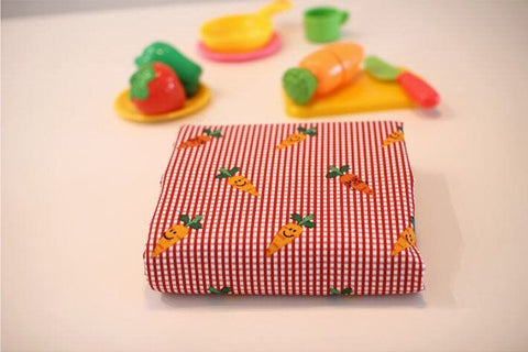 Checker and Carrots Cotton Fabric, Plaid and Carrots, Quality Korean Fabric - Black, Yellow, Red, Green - By the Yard /50394