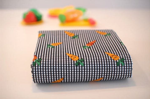 Checker and Carrots Cotton Fabric, Plaid and Carrots, Quality Korean Fabric - Black, Yellow, Red, Green - By the Yard /50394