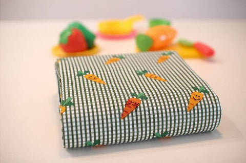 Checker and Carrots Cotton Fabric, Plaid and Carrots, Quality Korean Fabric - Black, Yellow, Red, Green - By the Yard /50394