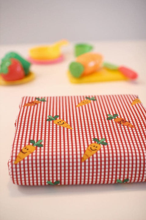 Checker and Carrots Cotton Fabric, Plaid and Carrots, Quality Korean Fabric - Black, Yellow, Red, Green - By the Yard /50394