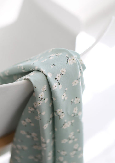Cotton Fabric Flowers, White Flowers Fabric, Small Floral Fabric, Mint Fabric, Quality Korean Fabric - By the Yard /10883