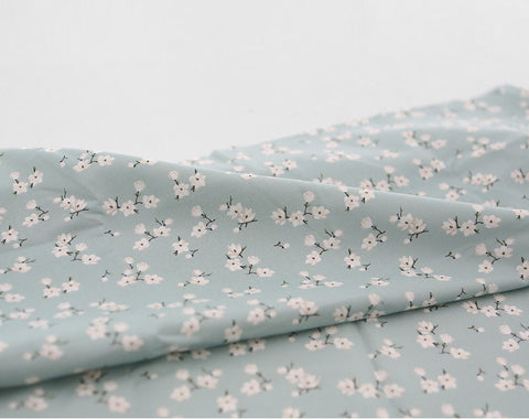 Cotton Fabric Flowers, White Flowers Fabric, Small Floral Fabric, Mint Fabric, Quality Korean Fabric - By the Yard /10883