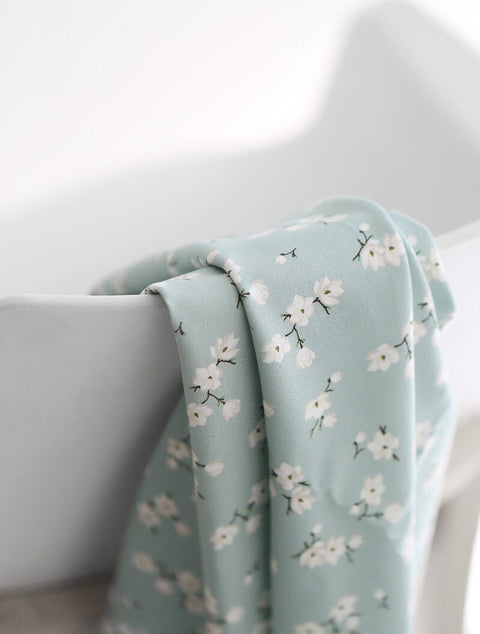 Cotton Fabric Flowers, White Flowers Fabric, Small Floral Fabric, Mint Fabric, Quality Korean Fabric - By the Yard /10883