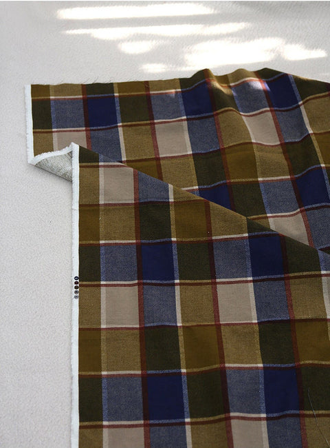 Wide Brushed Checker Cotton Fabric, Mustard Plaid Cotton Fabric, Wine Checked Fabric - Quality Korean Fabric, By the Yard /52126