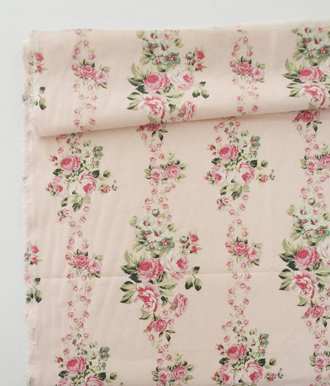 Line Roses Linen Blend Fabric, Cotton Linen, Floral Linen, Quality Korean Fabric - Pink or Blue - By the Yard /61448